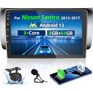 Roinvou 8 Cores 4+64G Android Radio Upgrade for Nissan Sentra 2013-2017, 10.1'' HD Touchscreen with Wireless CarPlay Android Auto GPS Navigation WiFi Backup Camera Mirror Link Bluetooth Mic RDS