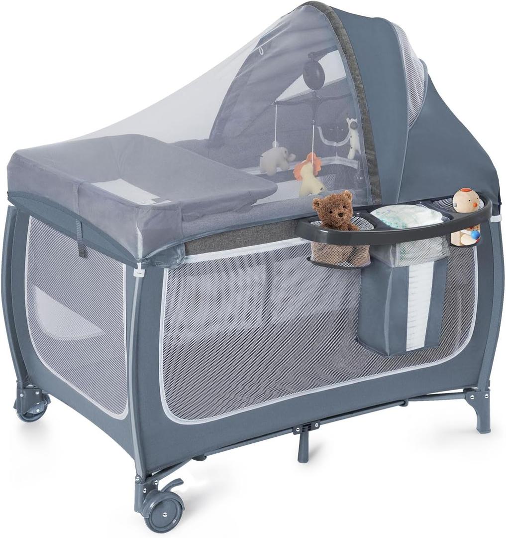 SIMPLGIRL Bedside Bassinet for Baby, 4 in 1 Pack n Play Bassinet Bedside Sleeper Baby Crib with Mosquito Net,Toys & Music Box, Mattress, Foldable Playard for Newborn to Toddles