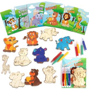 Valentines Day Gifts For Kids, 30 Pack Animal Wooden Painting Crafts for Kids Classroom Exchange, Valentines Party Favors for Boys Girls, DIY Unfinished Kits for Toddlers School Classroom Prizes