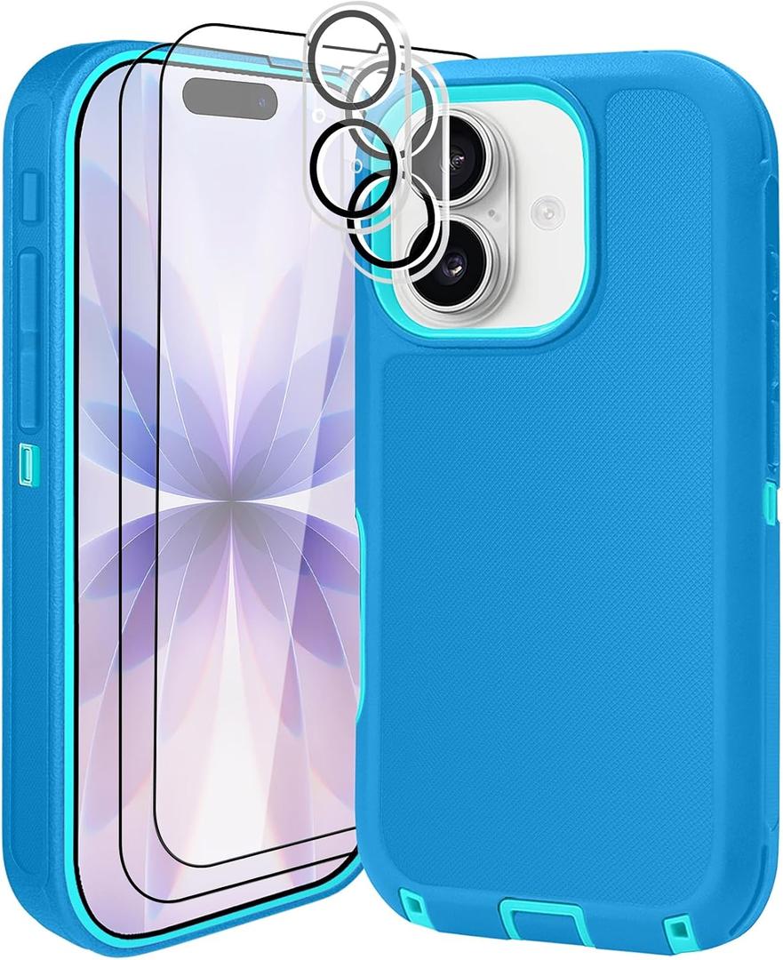for iPhone 17 Case (6.3"), with 2 Tempered Glass Screen Protector [Heavy Duty Military-Grade Full Body Drop Protection] Shockproof Tough Durable 6.3 InchBlue+Lens