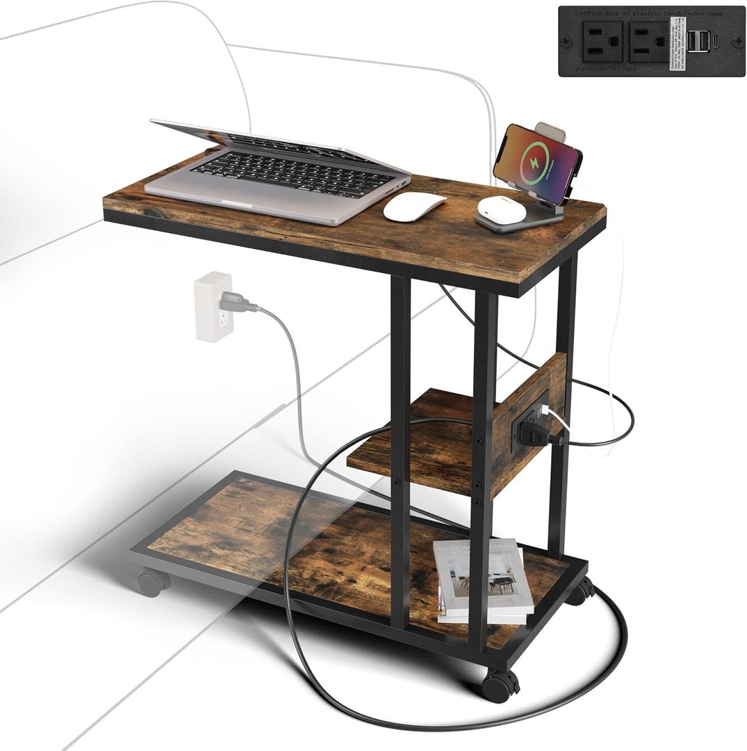 HOMESTEAD C Shaped End Table with Wheels, 3 Tier Rolling Side Table for Couch, Narrow Sofa Side Table with Storage Shelves for Living Room, Bedroom, Small Spaces, 23.6 inches x 11.8 inches x 24.8 inches