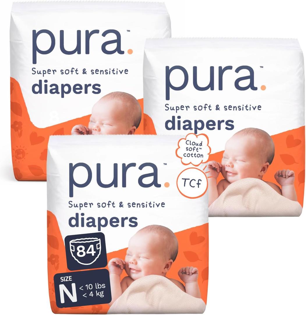 Pura Newborn Baby Diapers Size N (Up to 10 lbs), 3 Pack (84 Hypoallergenic Diapers) Totally Chlorine Free (TCF), Disposable Diapers for Sensitive Skin, Blowout Protection & Wetness Indicator