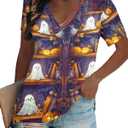 Women Halloween Shirt Funny Pumpkin Face Graphic Tees Autumn Casual V-Neck Fall Short Sleeve Loose Tops (L)