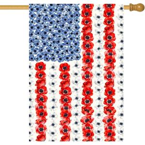 Patriotic Flower American House Flag 28 x 40 Double Sided Spring Summer Garden Decor 4th of July Memorial Independence Day Decorations Red White Blue Poppy Yard Banner for Outside