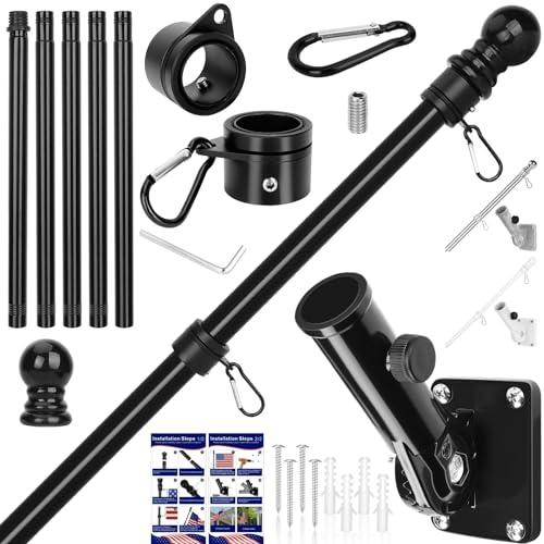 Flag Pole Kit, 6 FT Flag Pole for Outside House, with Heavy Duty Holder Bracket, Aluminum Alloy Tangle Free Rings, Thickened Stainless Steel Flagpoles for Residential, Outdoor or Porch, 1 Inch Black