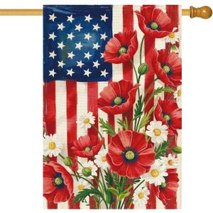 Baccessor 4th of July American House Flag 28x40 Inch Double Sided Burlap,Patriotic Memorial Day the Stars and Stripes Floral Flowers Summer Porch Holiday Seasonal Outdoor Outside Decoration