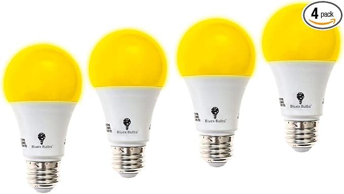 BlueX 4-Pack A19 Amber Yellow LED Bug Light Bulb - No Blue Light, 650 Lumens, 120V E26 Medium Base, 9.5-Watt (60-Watt Replacement), Warm Light Bulb