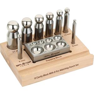 Splenor Tools Steel 8 Hole Dapping Doming Block and 8 Matching Punch Set - for Jewelry Making - Metal Forming Die - Shaping Tools