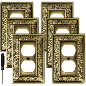 Antique Brass Duplex Outlet Cover Paisley Pattern Decorative Wall Plates for Electrical Outlet, Metal Switch Plates and Receptacle Cover for Kitchen Bathroom (1 Gang Duplex Outlet-6 Pack)