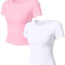 OQQ Women Short Sleeve 2 Piece T-Shirts Crew Neck Fitted Basic Tee 2025 Summer Crop Top Pink Cherry Blossom White, M
