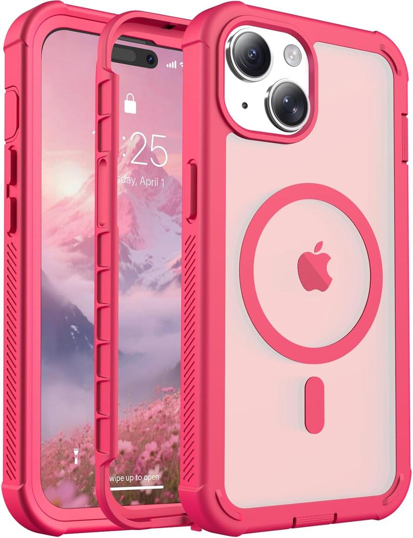 Magnetic for iPhone 15 Case, [Compatible with MagSafe][Military Grade Drop Protection][Heavy Duty Protection][Non-Slip][Shockproof] 2-Layer Durable Bumper Phone Case 6.1''-Rose