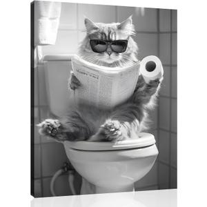 Cat Bathroom Canvas Wall Art Funny Animal Bathroom Wall Art Cat on the Toilet Painting Black and White Animal Toilet Pictures for Bath Restroom Wall Decor Framed 8X10 inch