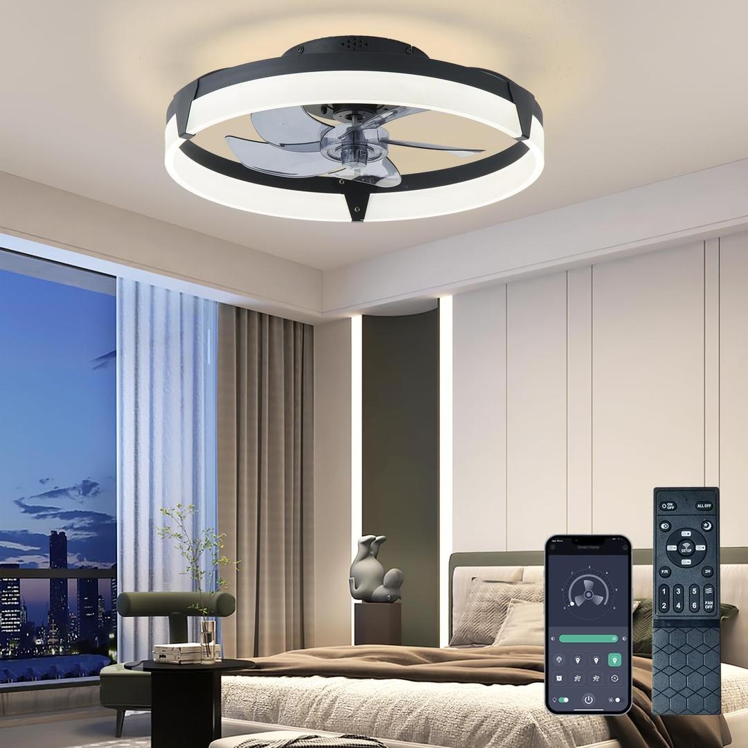 20 Ceiling Fans with Lights and Remote, New Upgraded Low Profile Ceiling Fan,Dimmable Modern Flush Mount LED Ceiling Fan,Ultra Quiet 3CCT Ceiling Fans for Bedroom,Living Room,Black