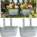 Balcony Galvanized Hanging Planters Railing Flower Pots, Outdoor Metal Fence Planter Pot with Detachable Hooks Drain Hole for Garden Patio Yard Decor (10 Inch, 2Pcs)