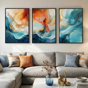 Large Framed Blue and Orange Abstract Wall Art for Living Room, Set of 3 Modern Canvas Prints Paintings Artwork for Walls, Bright Colorful Pictures for Bedroom Dining Room Hallway Wall Decor 24x36 In