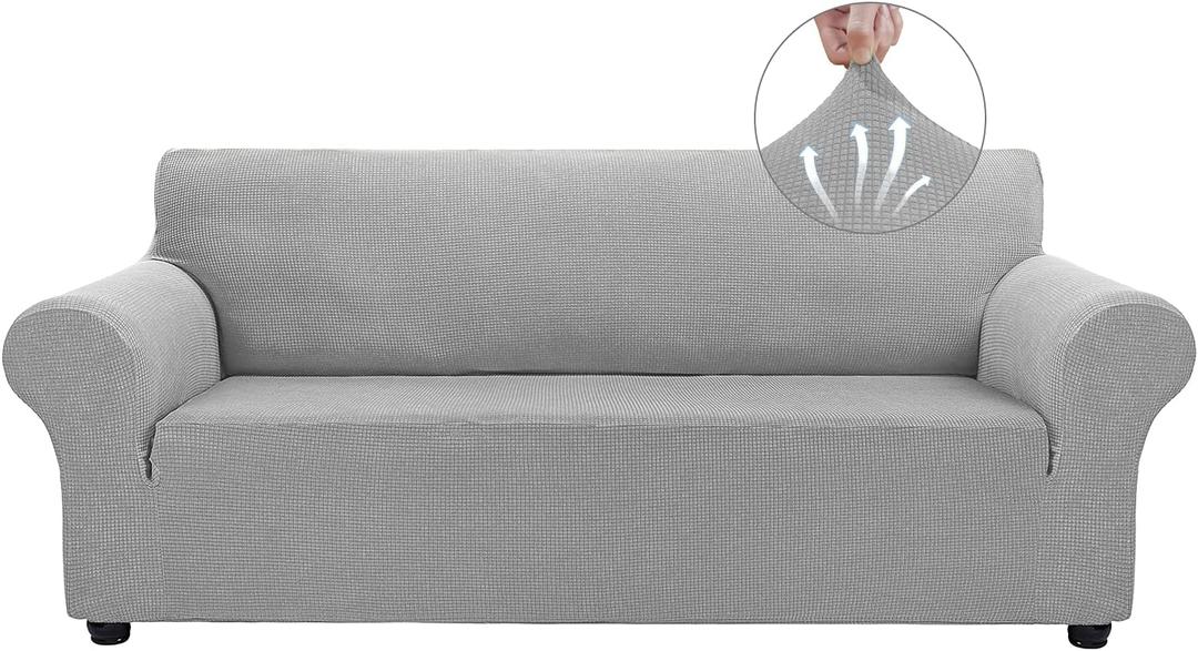 Asnomy Couch Covers for 3 Cushion Couch Stretch Sofa Covers Slipcovers, Pet Protector Furniture Covers for Dogs Cats Spandex Jacquard Fabric Small Checks LargeSilver