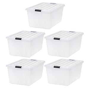 IRIS USA 68 Qt Stackable Plastic Storage Bins with Lids, 5 Pack - BPA-Free, See-Through Organizing Solution, Latches, Durable Nestable Containers, Secure Pull Handle, Made in USA - Clear