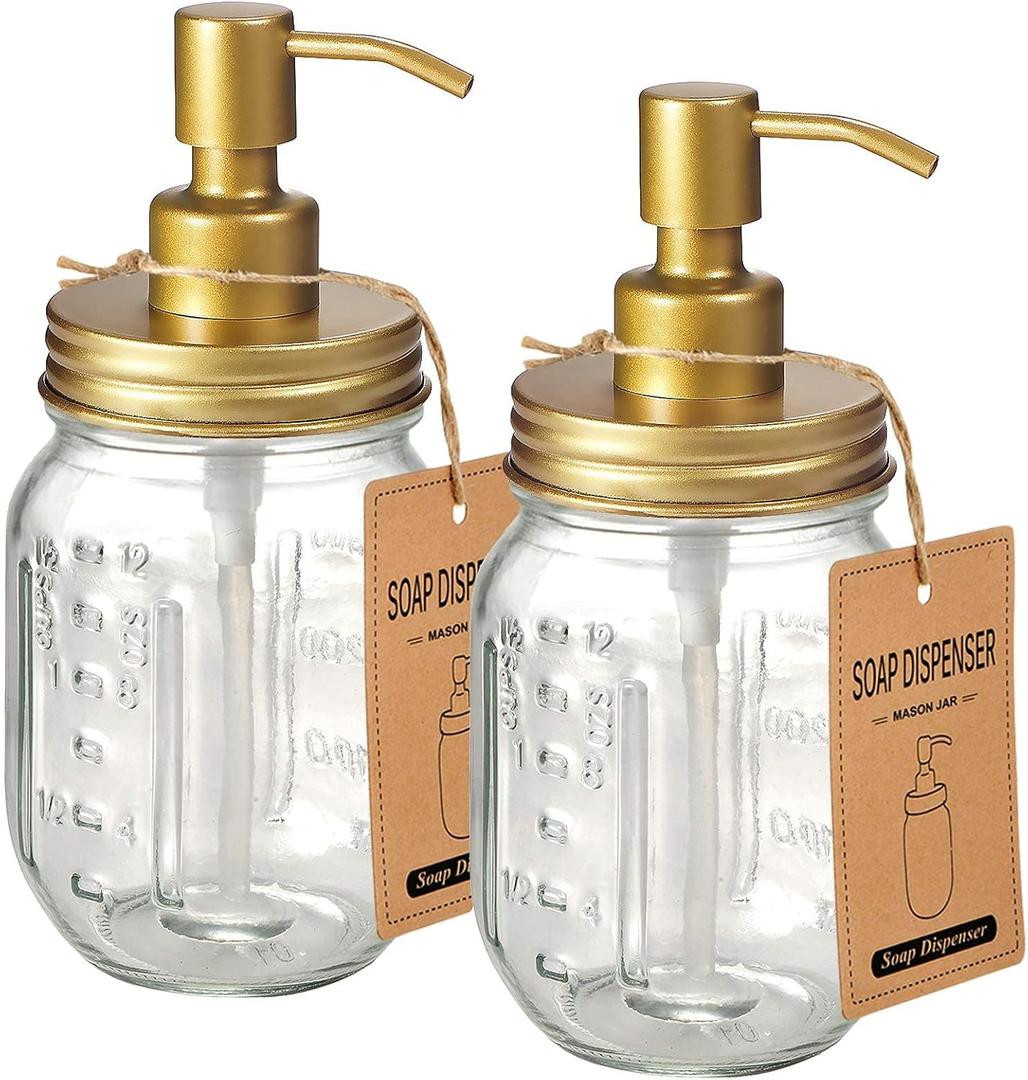Amolliar Mason Jar Liquid Soap Dispenser -Rustproof Stainless Steel Farmhouse Decor for Bathroom Vanities,Kitchen Sink/ Liquid Soap Pumps for Hand Soap,Dish Soap,Lotions/Golden -2 Pack