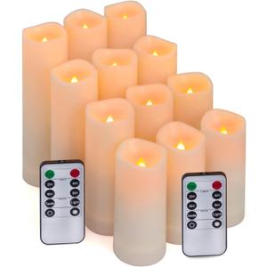 Aignis 12pcs Flameless LED Candles Battery Operated with 10-Key Remote Timer, Outdoor Indoor Waterproof, Warm Flickering Glow for Cozy & Romantic Home/Wedding/Holiday Dcor(D2.2''xH4/5/6/7'')