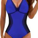 BMJL Womens One Piece Swimsuit Slimming Tummy Control Bathing Suit Color Block Shapewear Swim Suits 2026, Deep Blue Large