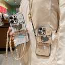 Compatible with iPhone 14 Pro Bling Case with Pearl Crossbody Chain Glitter Love Heart Diamond Rhinestones Floral for Girly Women Soft TPU Bumper Full Camera Lens Protector Cover, White