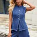 Denim Vest Women Jean Vest Tops Button Down Sleeveless Denim Tank Tops Crew Neck Summer Trendy Waistcoat with Pockets (Large, 01-blue)