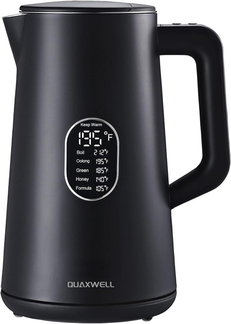QUAXWELL 1.5L Electric Kettle Stainless Steel, Double Wall Cool Touch Teapot, Fast Boil,5 Temperature Control, LED Display, Auto Shut-Off, BPA-Free,Keep Warm Function, Ideal for Tea & Coffee,Black