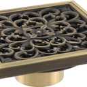 MY MIRONEY Antique Floor Drain Square Brass Shower Drain 4 Inch Bathroom Ground Drainer with Removable Cover Waste Water Strainer - Rattan Fower Carved, Bronze 