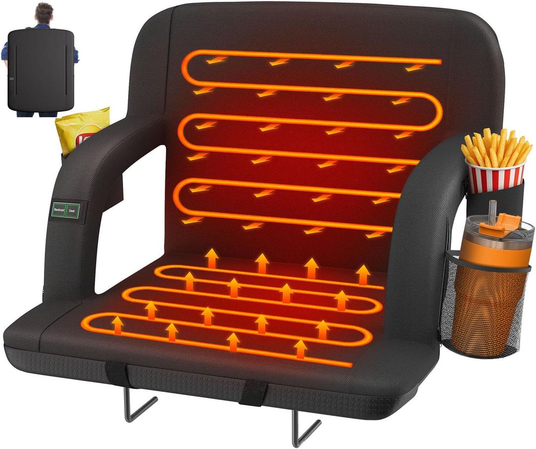 HOPERAN Dual-Sided Heated Stadium Seats for Bleachers with Back Support, 3 Levels Heating Stadium Seating for Bleachers Seat with Backrest, 5 Pockets Portable Stadium Chair for Outdoor (Black)