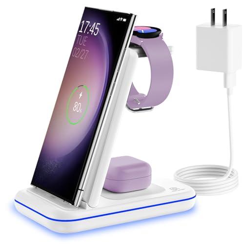 Wireless Charging Station for Samsung/Android, Fast Wireless Watch Charger Station Compatible for Samsung Galaxy S25 Ultra/S24/S23+/Z Flip 7/6 Fold 7/6, Watch8/7/Pro/Active 2 Galaxy Buds3/2 Pro(White)