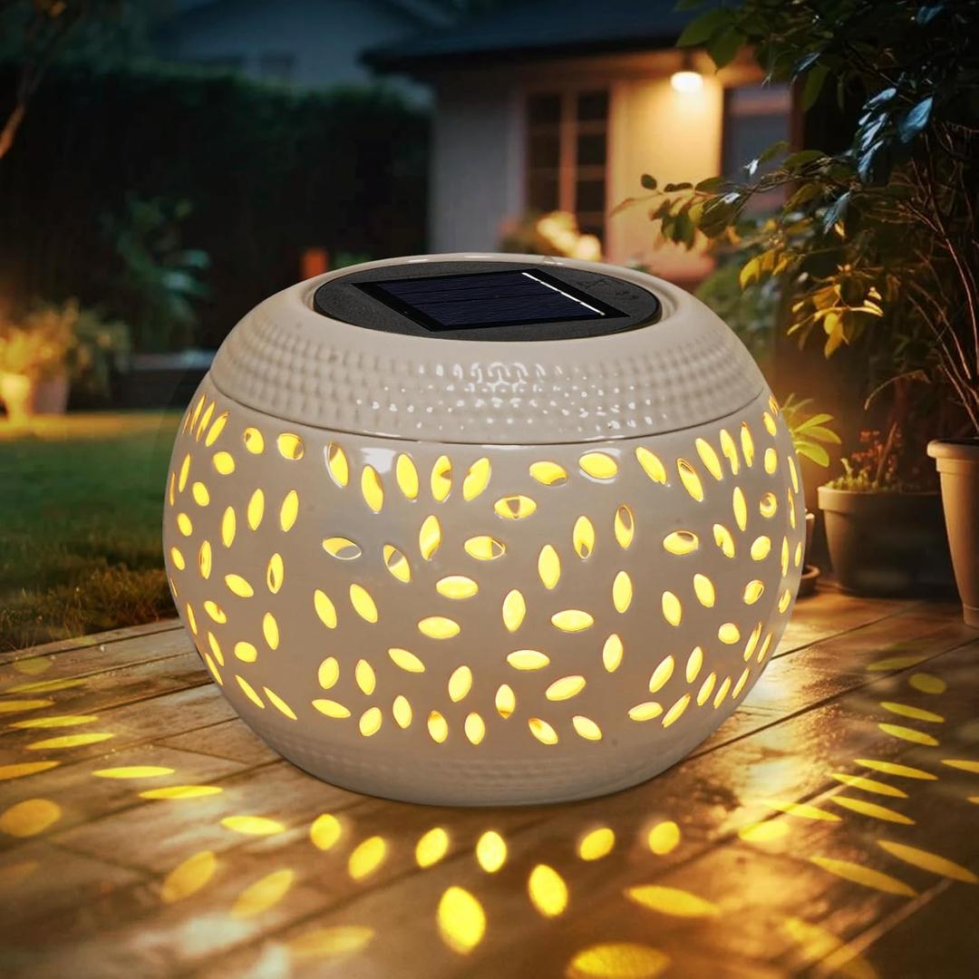 Solar Table Light Waterproof Outdoor & Indoor Lantern - White Metal Retro Hollowed-Out Flickering Flame Tabletop Lights for Desk/Bedroom/Patio/Garden, Solar Powered Lamp Pathway Yard Garden Decor