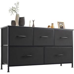 WLIVE Dresser for Bedroom with 5 Drawers, Wide Chest of Drawers, Fabric Dresser, Storage Organizer Unit with Fabric Bins for Closet, Living Room, Hallway, Charcoal Black