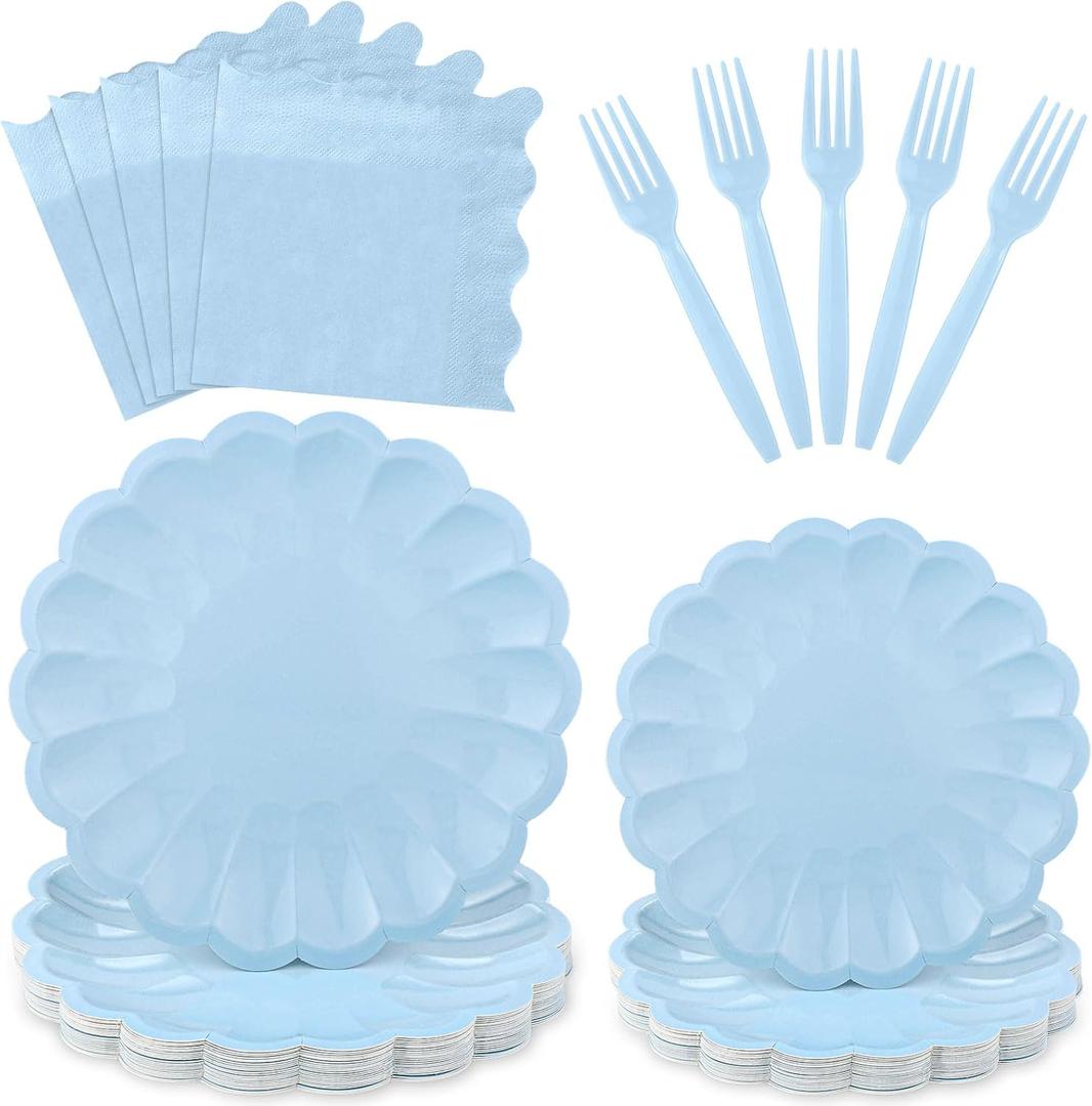 96 Pcs Light Blue Paper Plates and Napkins Party Supplies Serve 24 Guests Include Scalloped Dinner Plate 9.5", Dessert Plate 7.5", Napkins Plastic Forks for Boy Baby Bridal Shower Wedding Birthday