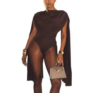 THLAI Sexy Jumpsuits for Women Cape Long Sleeve Bodysuit Top One Piece Club Night Out Outfits Bodycon Romper (Small, Brown)