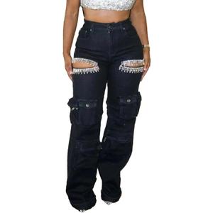 Vakkest Women's Rhinestone Cargo Jeans High Waisted Ripped Distressed Wide Leg Stretchy Denim Pants with Flap Pockets (XX-Large, Black)