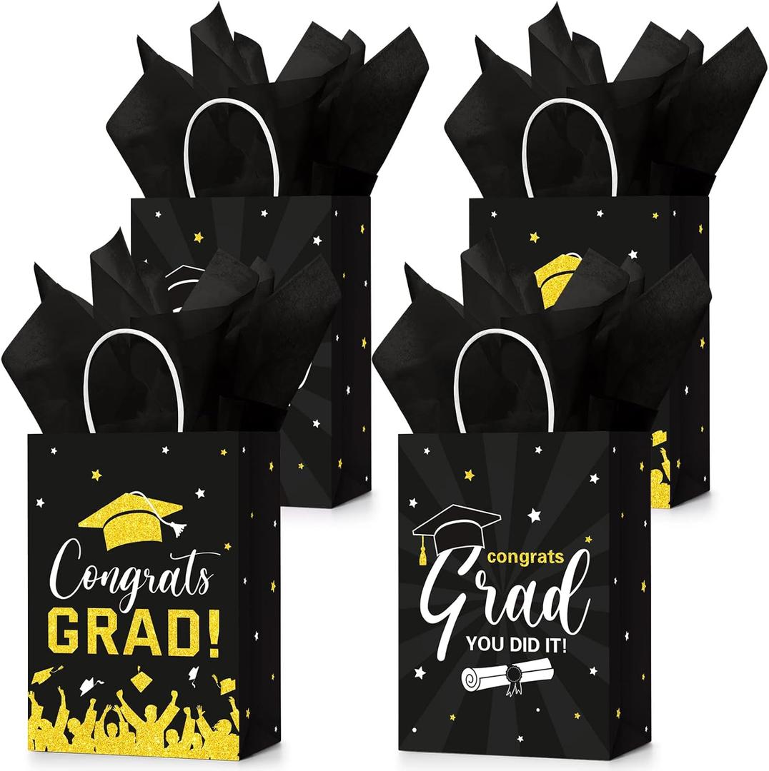 Colarr 24 Pcs Graduation Gift Bags Bulk with Tissue Paper Class of 2026 Congrats Grad Party Gift Bags with Handles for High School, College, Kindergarten, Pre-k, Graduation Party Favors(Black, Gold)