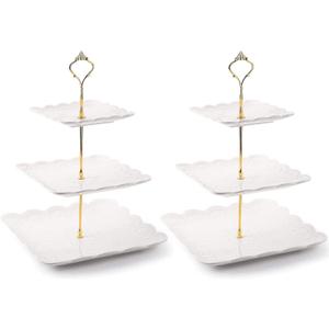 Tebery 2 Pack 3-Tier White Ceramic Embossed Dessert Cake Tower Stand with Gold Carry Handle, Cupcake Stand Serving Trays, Porcelain Party Food Server Display Holder