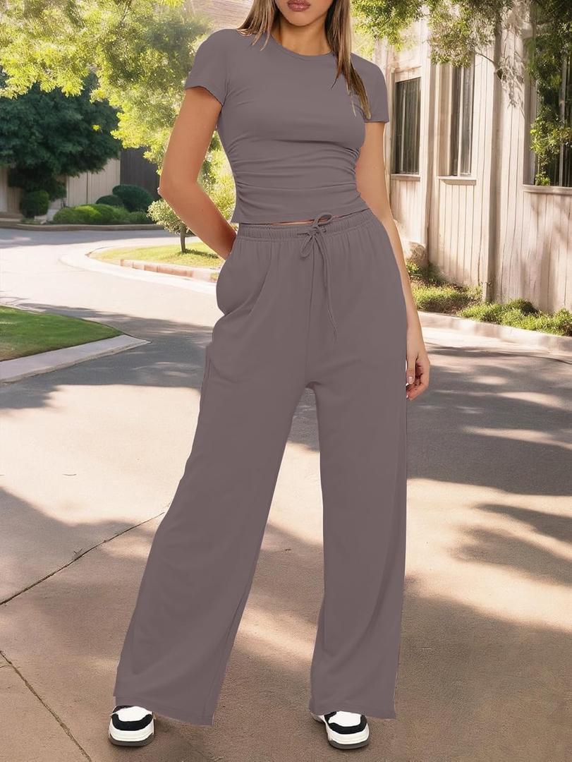 Women's 2 Piece Lounge Set Ruched Short Sleeve Tops High Waisted Wide Leg Pants,Medium