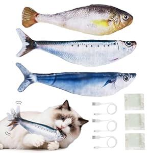 Ginyoyo Cat Toys Flopping Fish 3 Pack Rechargeable Cat Toys Interactive for Indoor Exercise with Catnip, Moving Cat Toy 3 Flapping Mode 7.1 Inches Electric Realistic Plush Wiggle Fish