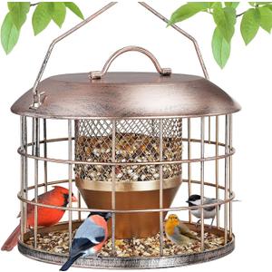 Metal Caged Bird Feeder, Squirrel Proof Bird Feeders for Outdoors Hanging, Wild Birds Feeder for Small Sparrows Finchs, Squirrel Chew-Proof Birdfeeder for Outside Backyard Birding Watching Gifts