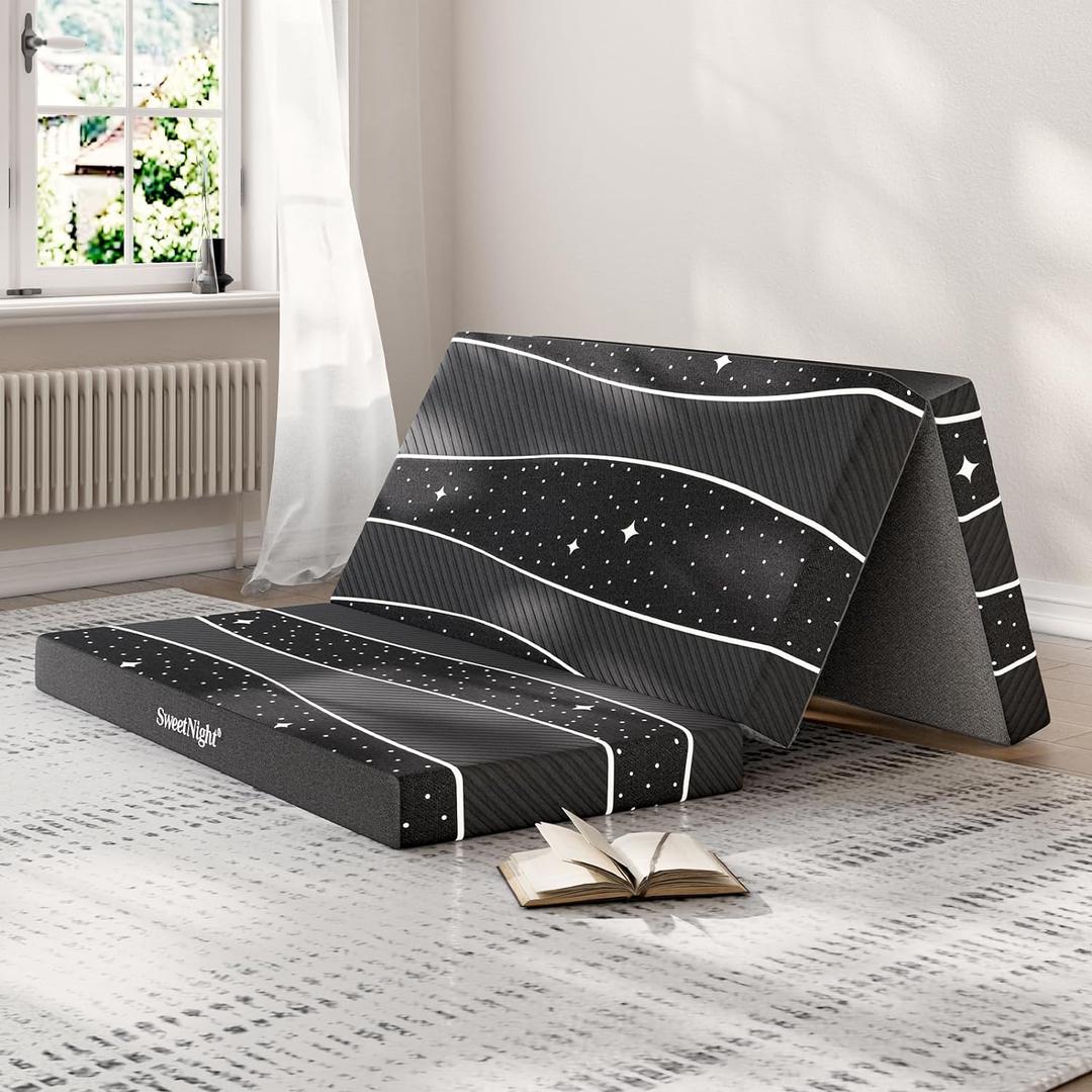 Sweetnight Tri-fold Mattress - 4 Inch Dual-layer Foam Folding Mattress | Removable & Washable 500G Superfine Fiber Cover | Suitable for Camping, RV & Home Use Full (Black)