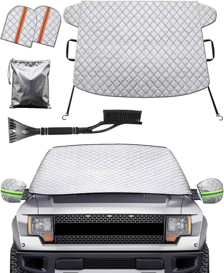 4 Layers Car Windshield Cover for Ice and Snow,Heavy Duty Truck Windshield Snow Cover with Side Mirror Covers,Front Window Frost Hail Protector for Most Car, Truck, SUV, Van (70 x 43 Inch)