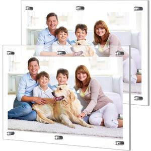 DoubleFill 2 Pack Extra Large Frameless Floating Acrylic Frame Wall Mount Magnetic Acrylic Picture Frames with Chrome Standoffs Double Panel Floating Frame for Photo Poster Display (18 x 24 Inch)