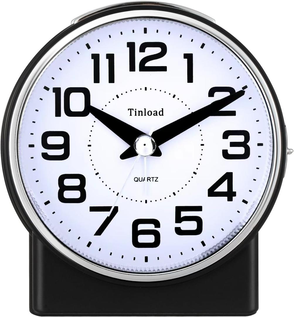 Tinload 4.3" No Ticking Analog Alarm Clock,Silent Readable for Seniors,Easy to Set,Gradual Rise Alarm,Big Numbers,On/Off Switch on Side,Gentle Wake,Snooze,Lighted on Demand,Battery Operated,Black