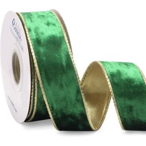 Ribbli Emerald Green Velvet Wired Ribbon 1.5 Inch Metallic Green Crushed Velvet Christmas Ribbon for Gift Wrapping Christmas Tree Decoration Crafts Wreaths Supplies-Continuous 10 Yards