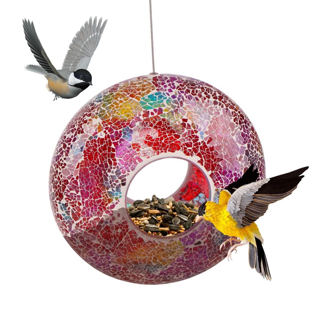 Topadorn 9-Inch Wild Bird Feeder Fly Through Garden Hanging Bird Feeder-Mosaic Round Shape Wild Birdfeeder for Outdoor Decoration, Multicolor
