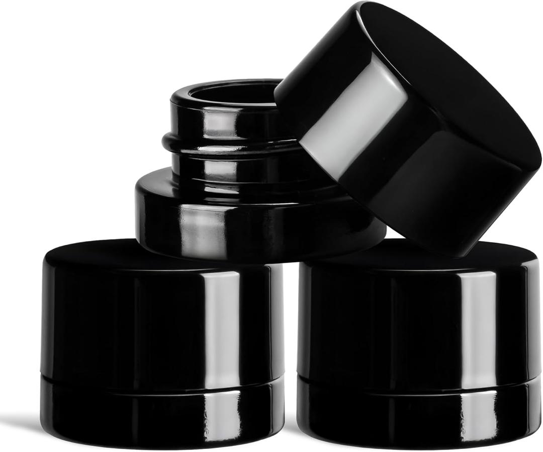 (200 Pack) 5ml Thick Black Glass Jars with Black Child Resistant Lids - UV Resistant - Storage for Oil, Lip Balm, Wax, Cosmetics - Mini Child Proof Container