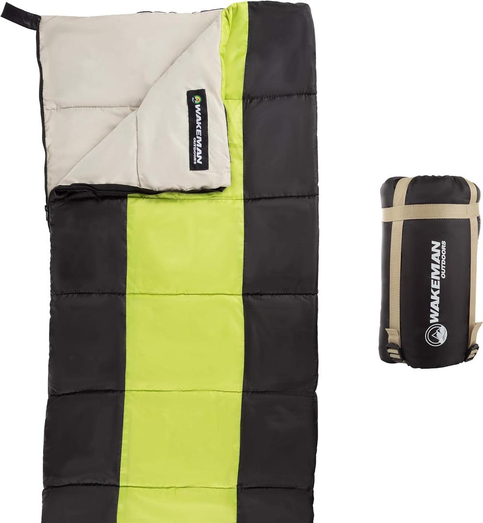 Kids Sleeping Bag - Lightweight, Carrying Bag with Compression Straps for Camping, Backpacking, and Sleepovers by Wakeman Outdoors (Neon Green/Black)