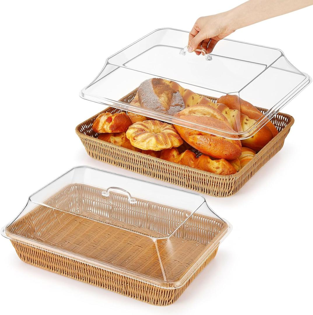 2 Set Wicker Bread Basket for Serving with Acrylic Lid Cover Imitation Rattan Bread Basket Woven for Fruit Summer Picnic BBQ Pool Party Outdoor Housewarming Gift(17.72" X 13.78")