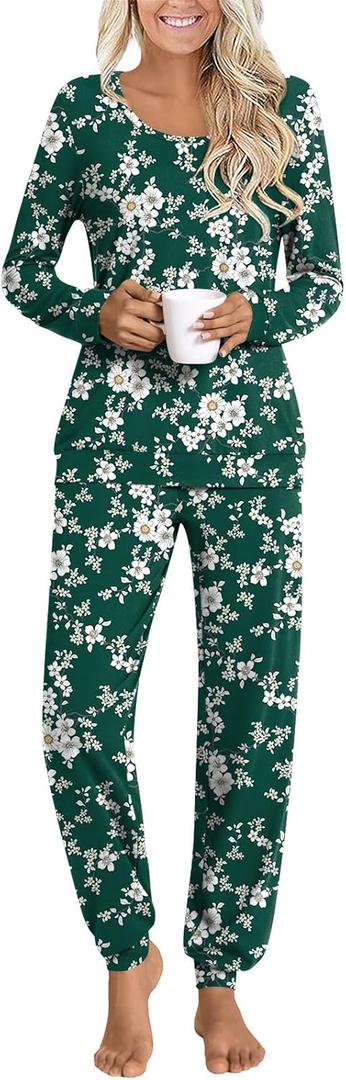 HOTGIFT Womens Pajamas Sets, 2 Piece Lounge Pjs Set Long Sleeve Long Pant Ladies Sleepwear with Pockets Green Floret Small
